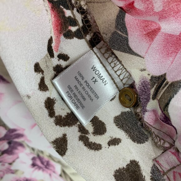 Dressbarn Top Floral Print Button Down V Neck Roll Tab Sleeve - Picture 5 of 10